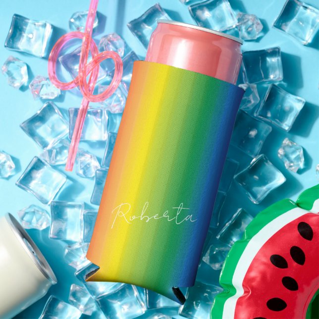 Personalized Rainbow Pattern Script Monogram Seltzer Can Cooler (In Situ Summer)
