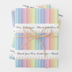 Personalized Rainbow Pencils Teacher Gift Wrapping Paper Sheet