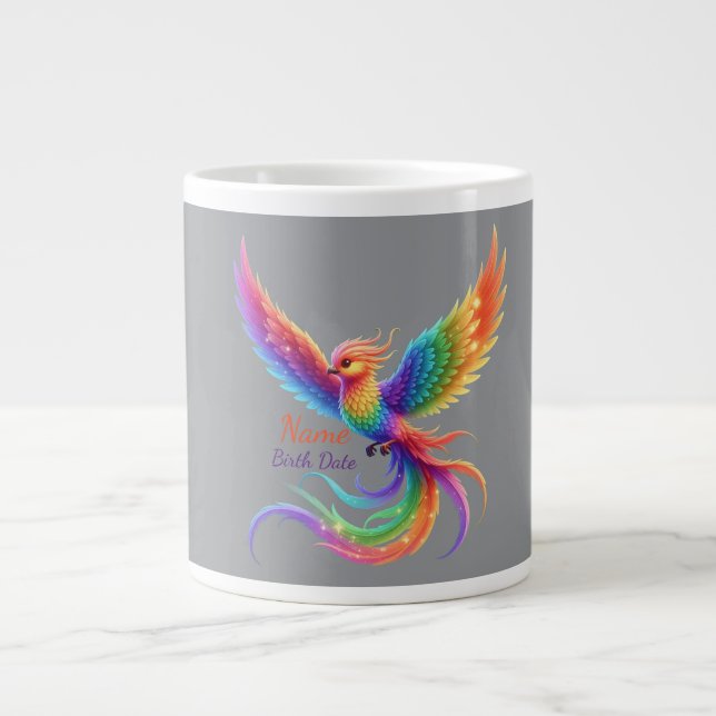 Personalized Rainbow Phoenix Name Birthdate Gift Large Coffee Mug (Front)