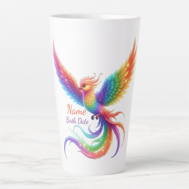 Personalized Rainbow Phoenix Name Birthdate Gift Latte Mug (Front)
