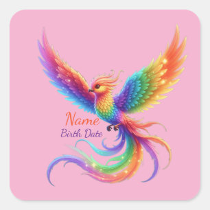 Personalized Rainbow Phoenix Name Birthdate Gift Square Sticker