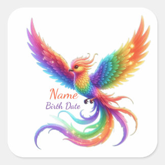 Personalized Rainbow Phoenix Name Birthdate Gift Square Sticker