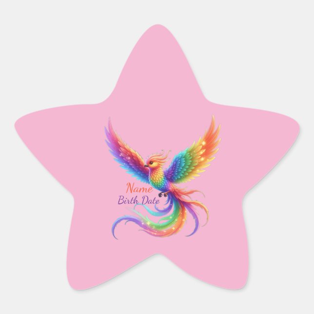 Personalized Rainbow Phoenix Name Birthdate Gift Star Sticker (Front)