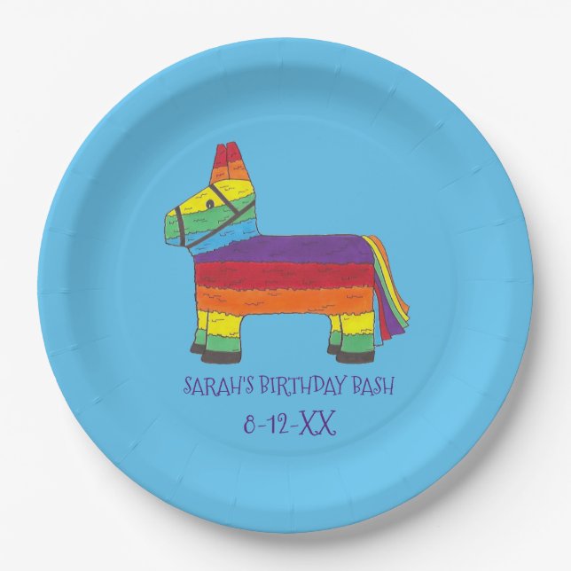 Personalized Rainbow Piñata Donkey Birthday Party Paper Plate (Front)