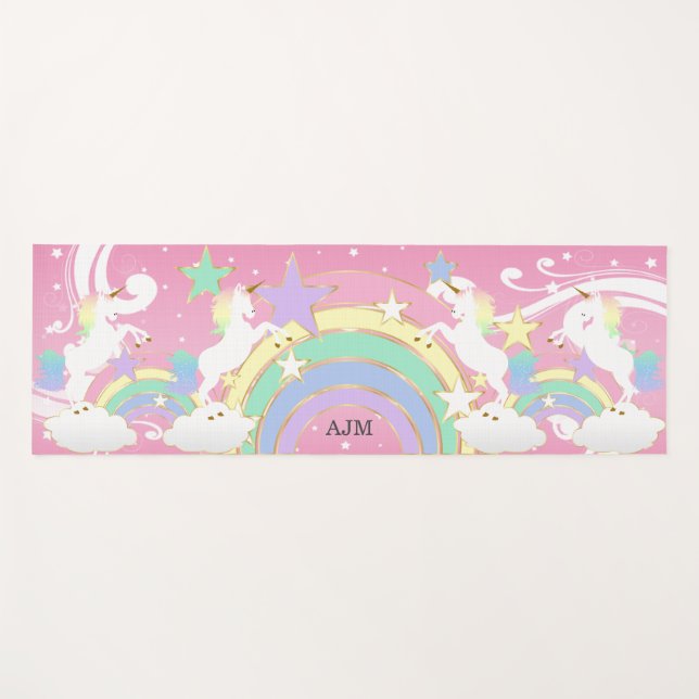 Personalized Rainbow Pink Unicorn Yoga Mat (Front (Horizontal))