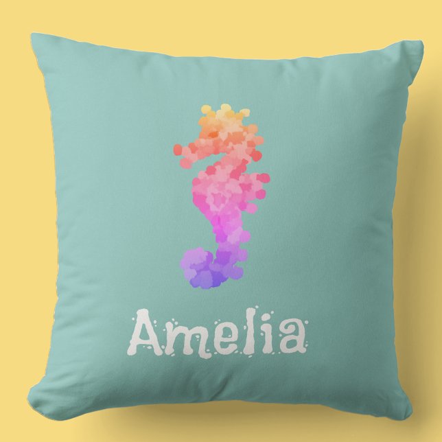 Personalized Rainbow Seahorse Throw Pillow (Creator Uploaded)