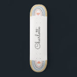 Personalized Rainbow Skateboard<br><div class="desc">A whimsical personalized boho style girly pink blue mustard boho style rainbow on each end of the skateboard,  with a little pink heart in the middle.</div>