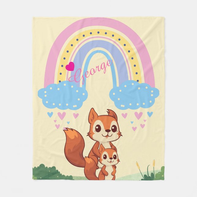Personalized Rainbow Squirrel Fleece Blanket (Front)