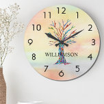 Personalized Rainbow Tree Large Clock<br><div class="desc">This colorful Wall Clock is decorated with a mosaic family tree in the colors of the rainbow on a watercolor background.
Easily customizable with your name.
Because we create our own artwork you won't find this exact image from other designers.
Original Mosaic and Watercolor © Michele Davies.</div>