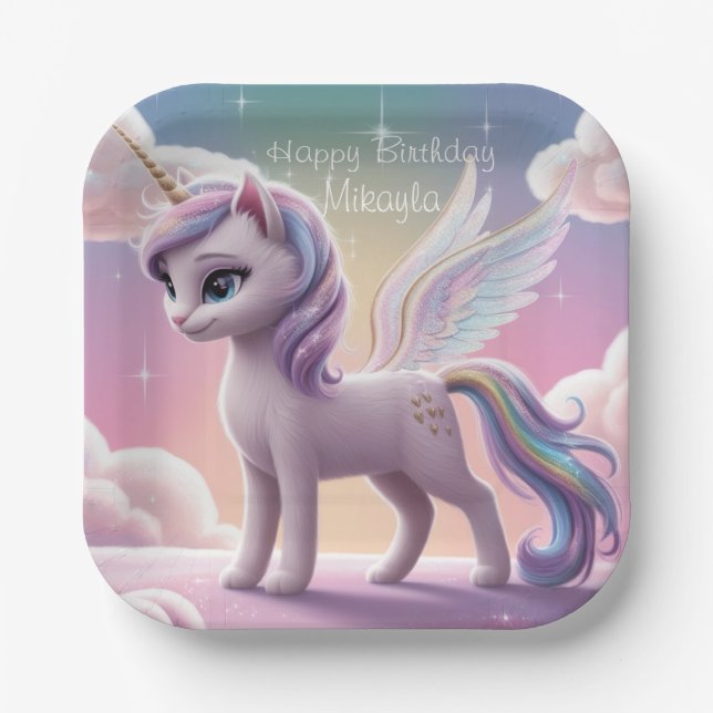 Personalized Rainbow Unicorn Cat Paper Plate (Front)