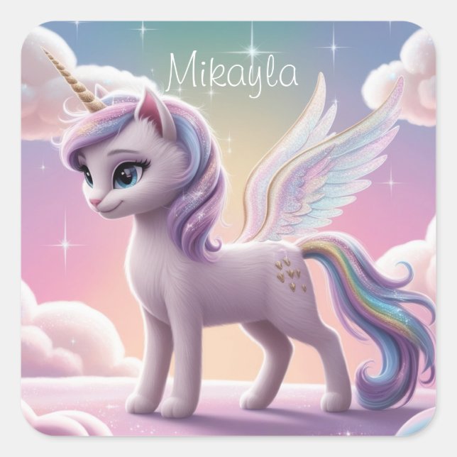Personalized Rainbow Unicorn Cat Square Sticker (Front)