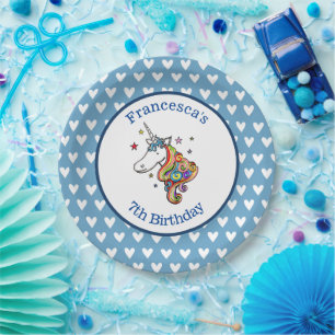 Personalized Rainbow Unicorn Heart Paper Plate
