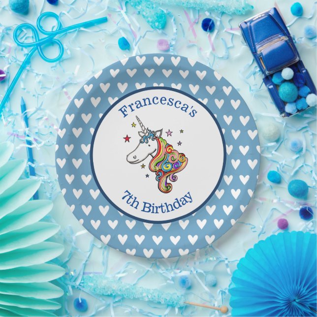 Personalized Rainbow Unicorn Heart Paper Plate (Party)