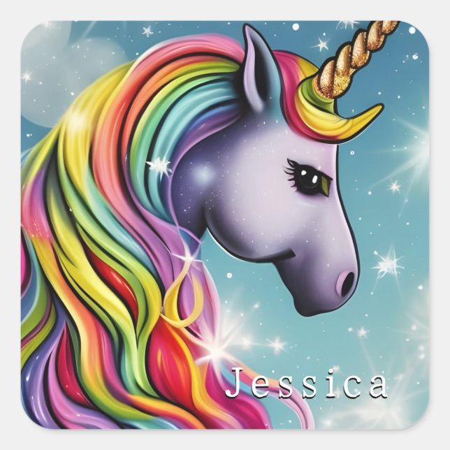 Personalized Rainbow Unicorn Name Square Sticker (Front)