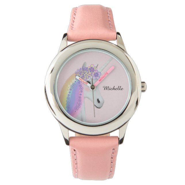 Personalized Rainbow Unicorn Pastel Pink Girl's Watch (Front)