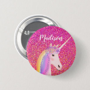 Personalized Rainbow Unicorn Pink Glitter 2 Inch Round Button