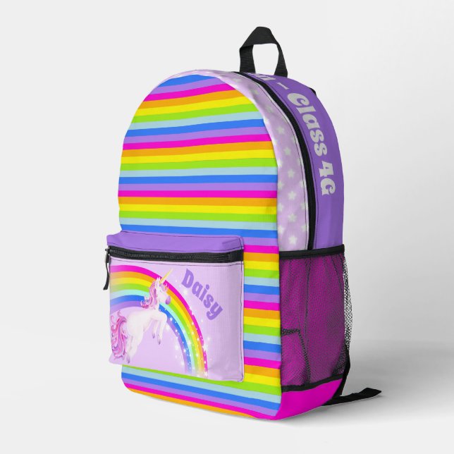 Personalized rainbow unicorn purple pink kids printed backpack (Back Corner Right)