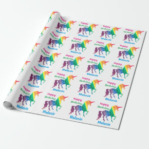 Personalized Rainbow Unicorns Happy Birthday Kids Wrapping Paper