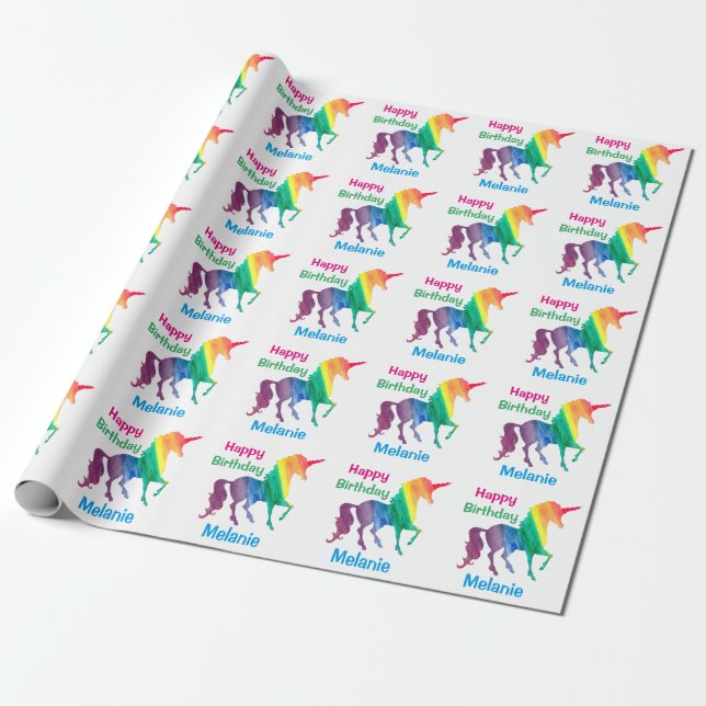 Personalized Rainbow Unicorns Happy Birthday Kids Wrapping Paper (Unrolled)