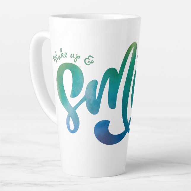 Personalized Rainbow Wake up & Smile Motivational Latte Mug (Left Angle)