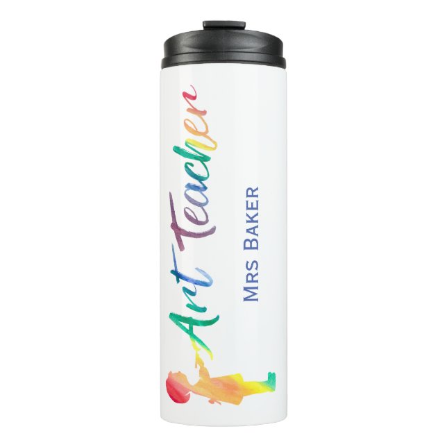 Personalized Rainbow Watercolor Art Teacher Unique Thermal Tumbler (Front)