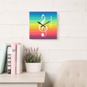 Personalized Rainbow Watercolor Treble Clef Square Wall Clock