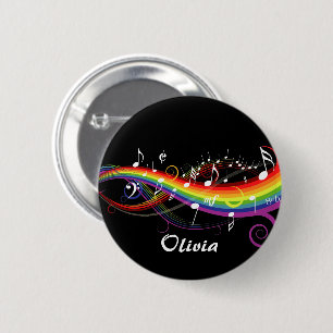 Personalized Rainbow White Music Notes on Black 2 Inch Round Button