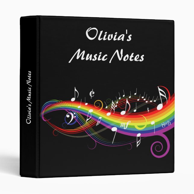 Personalized Rainbow White Music Notes on Black Binder (Front/Spine)