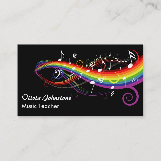 Personalized Rainbow White Music Notes on Black Business Card (Front)