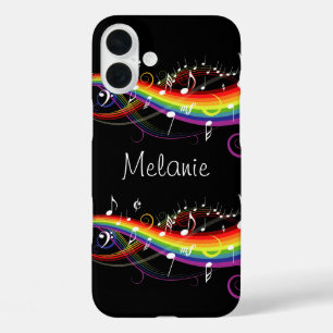 Personalized Rainbow White Music Notes on Black iPhone 16 Plus Case