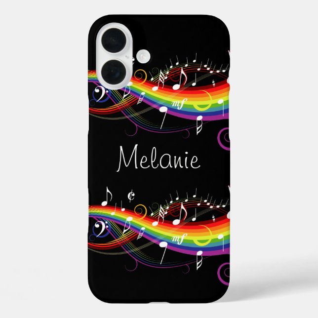Personalized Rainbow White Music Notes on Black Case-Mate iPhone Case (Back)