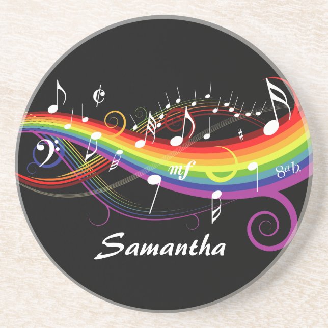 Personalized Rainbow White Music Notes on Black Coaster (Front)
