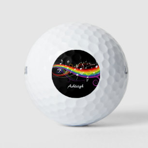 Personalized Rainbow White Music Notes on Black Golf Balls