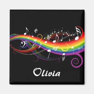 Personalized Rainbow White Music Notes on Black Magnet