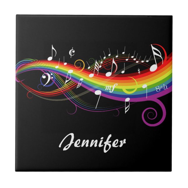 Personalized Rainbow White Music Notes on Black Tile (Front)
