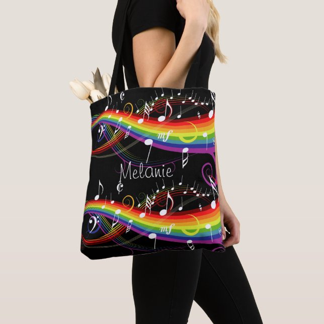 Personalized Rainbow White Music Notes on Black Tote Bag (Close Up)
