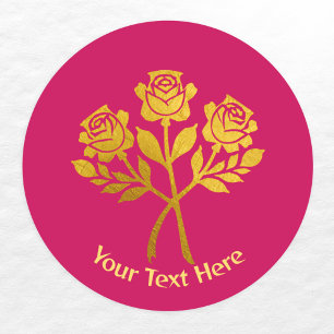 Personalized Raspberry Pink Faux Gold Floral Roses Classic Round Sticker