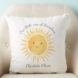 Personalized Ray Of Sunshine Nursery  Throw Pillow<br><div class="desc">This cute baby pillow features a yellow smiling sun and the text "Our Little Ray Of Sunshine" in stylish script typography.
Easily customizable it makes a great gift for a baby's nursery.
Original Watercolor © Michele Davies.</div>