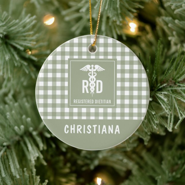 Personalized RD Registered Dietician Plaid Pattern Ceramic Ornament (Tree)