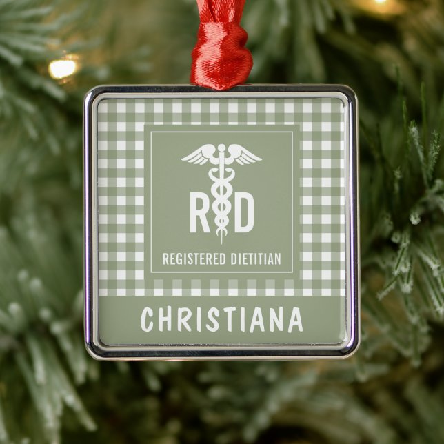 Personalized RD Registered Dietician Plaid Pattern Metal Ornament (Tree)
