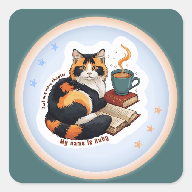 Personalized Reading Calico Cat Square Sticker (Front)