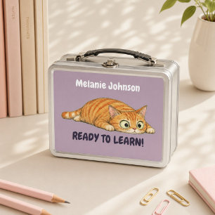 Personalized Ready to Learn Orange Cat Mauve Metal Lunch Box