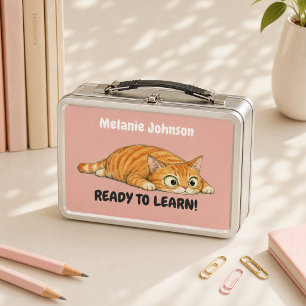 Personalized Ready to Learn Orange Cat Pink  Metal Lunch Box