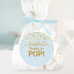 Personalized Ready to Pop Baby Shower Boy Blue Classic Round Sticker