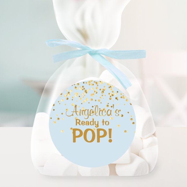 Personalized Ready to Pop Baby Shower Boy Blue Classic Round Sticker (Creator Uploaded)