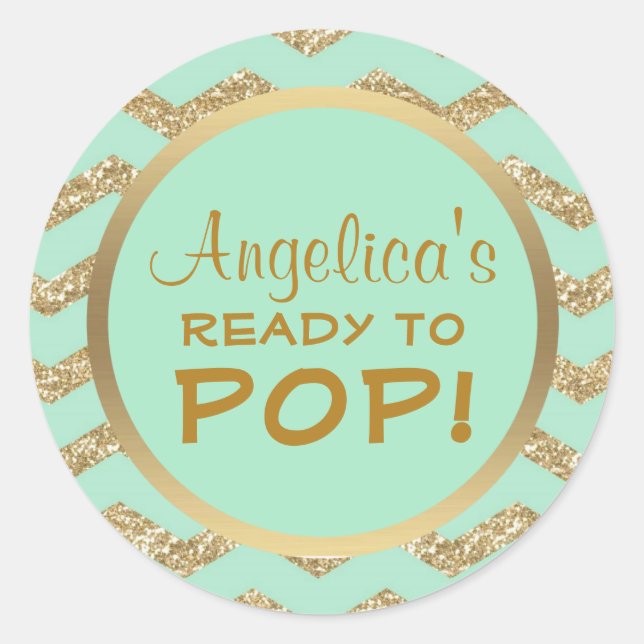 Personalized Ready to Pop Baby Shower Mint Gold Classic Round Sticker (Front)