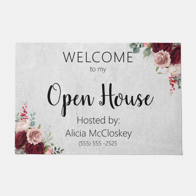 Personalized Real Estate Agent Open House Floral Doormat (Front)