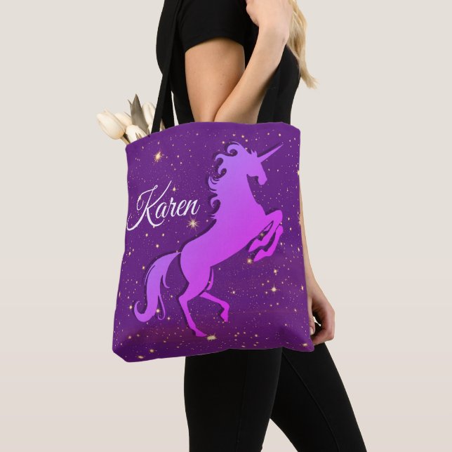 Personalized Rearing Purple Unicorn Tote Bag (Close Up)