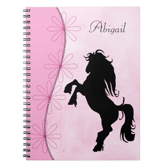 Personalized Rearing Silhouette Horse and Flowers Notebook (Front)