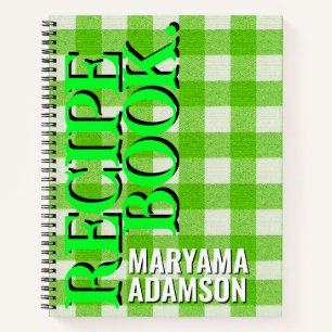 Personalized Recipe Book. Green Gingham Plaid Notebook